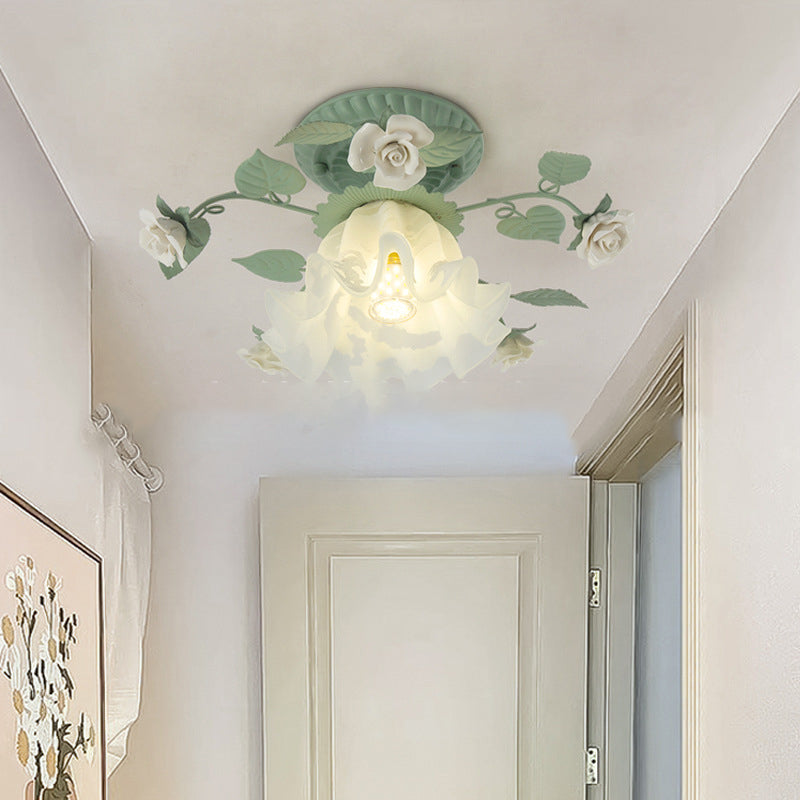 Traditional French Bellflower Leaf Iron Ceramic Glass Shade 1-Light Semi-Flush Mount Ceiling Light For Living Room