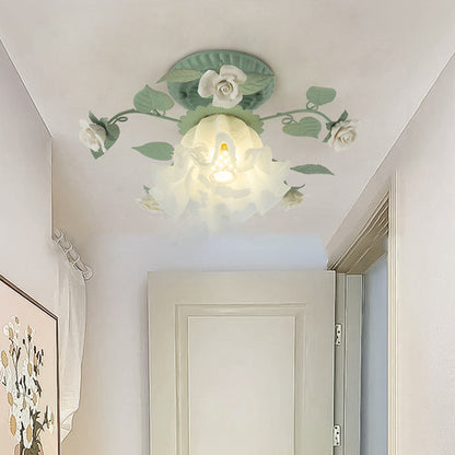 Traditional French Bellflower Leaf Iron Ceramic Glass Shade 1-Light Semi-Flush Mount Ceiling Light For Living Room