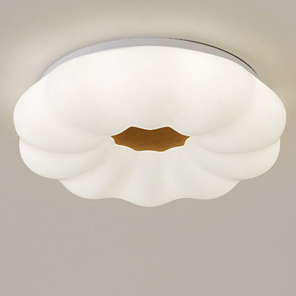 Contemporary Creative Pumpkin Shape Hardware Wood Acrylic Shade LED Flush Mount Ceiling Light For Bedroom