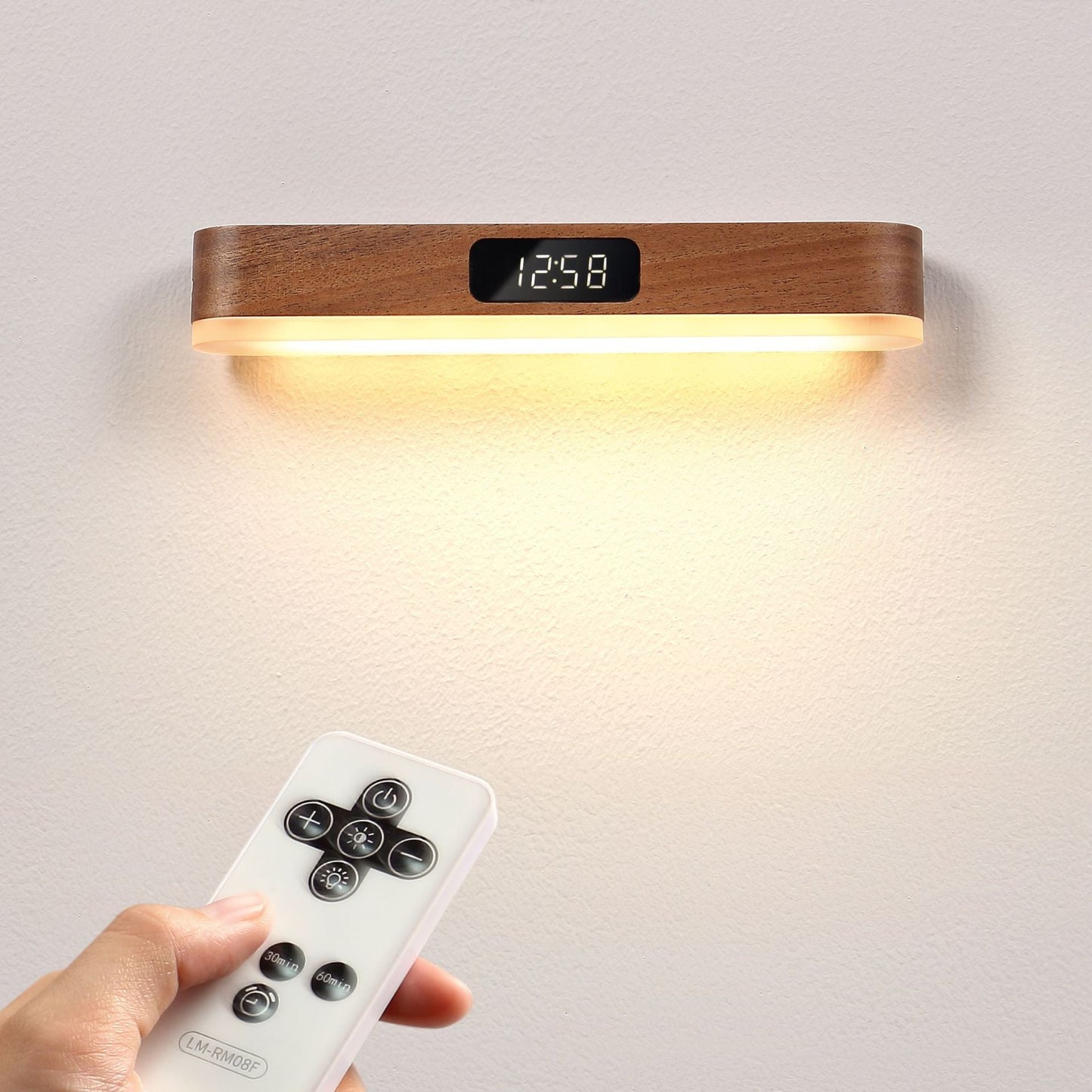 モダンでミニマリストな充電式長方形時計、無垢材、金属、プラスチック、LED壁取り付け用燭台ランプ、寝室用