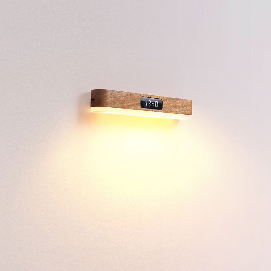 モダンでミニマリストな充電式長方形時計、無垢材、金属、プラスチック、LED壁取り付け用燭台ランプ、寝室用