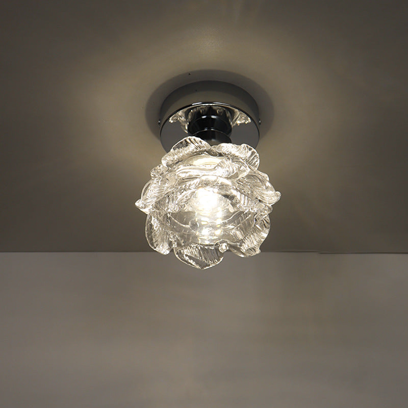 Modern Minimalist Rose Iron Glass Shade 1-Light Semi-Flush Mount Ceiling Light For Living Room