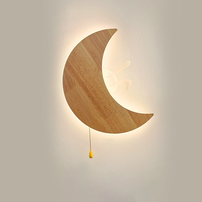 Modern Minimalist Moon Bunny Wood Acrylic LED Wall Sconce Lamp For Bedroom