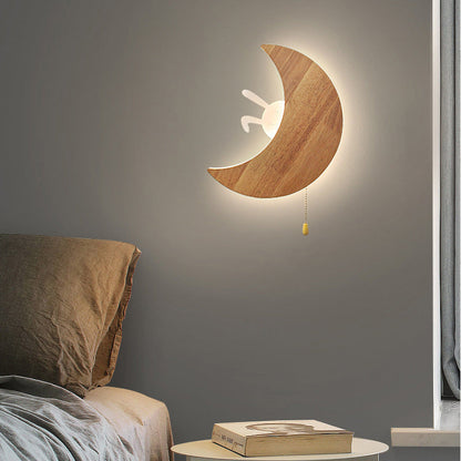 Modern Minimalist Moon Bunny Wood Acrylic LED Wall Sconce Lamp For Bedroom