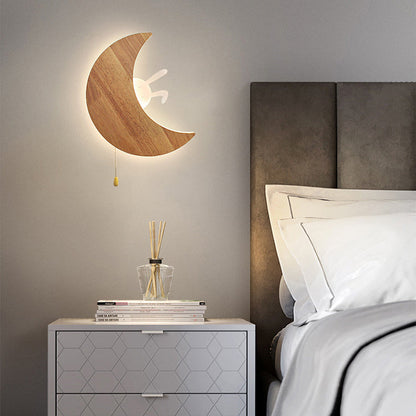 Modern Minimalist Moon Bunny Wood Acrylic LED Wall Sconce Lamp For Bedroom