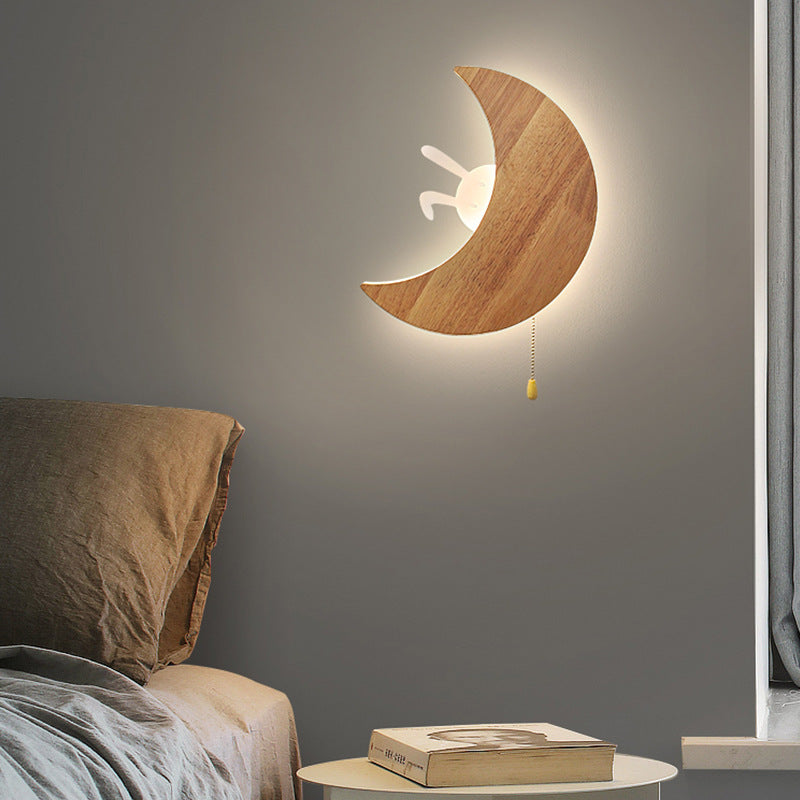Modern Minimalist Moon Bunny Wood Acrylic LED Wall Sconce Lamp For Bedroom