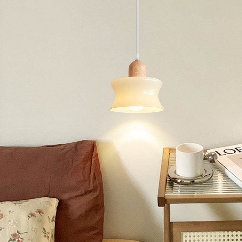 Modern Minimalist Oval Wood Dome Glass Shade 1-Light Pendant Light For Living Room