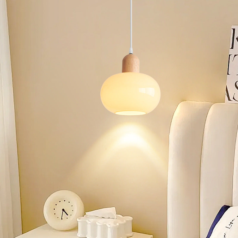 Modern Minimalist Oval Wood Dome Glass Shade 1-Light Pendant Light For Living Room