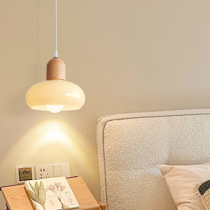 Modern Minimalist Oval Wood Dome Glass Shade 1-Light Pendant Light For Living Room