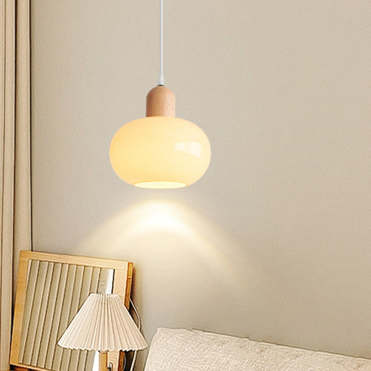 Modern Minimalist Oval Wood Dome Glass Shade 1-Light Pendant Light For Living Room