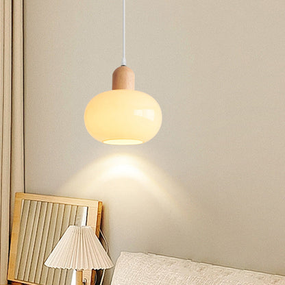 Modern Minimalist Oval Wood Dome Glass Shade 1-Light Pendant Light For Living Room