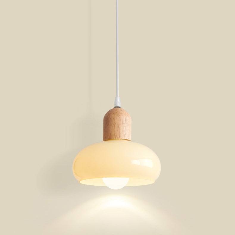 Modern Minimalist Oval Wood Dome Glass Shade 1-Light Pendant Light For Living Room