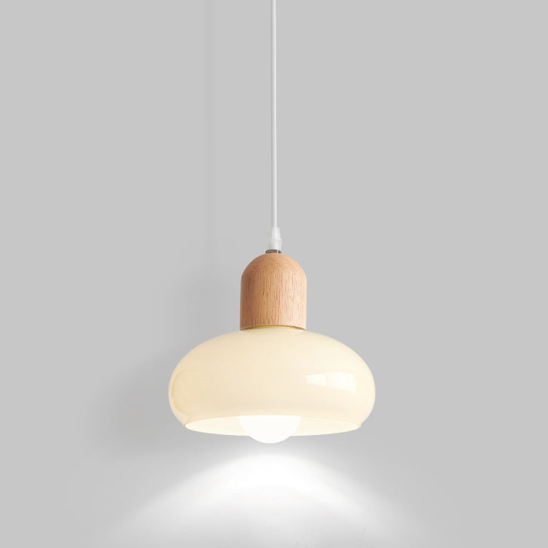 Modern Minimalist Oval Wood Dome Glass Shade 1-Light Pendant Light For Living Room