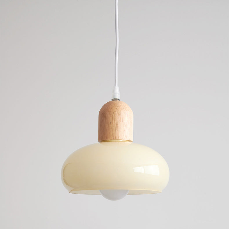 Modern Minimalist Oval Wood Dome Glass Shade 1-Light Pendant Light For Living Room