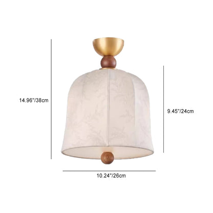 Traditional French Round Birdcage Shape Fabric Wood Metal 1-Light Semi-Flush Mount Ceiling Light For Living Room