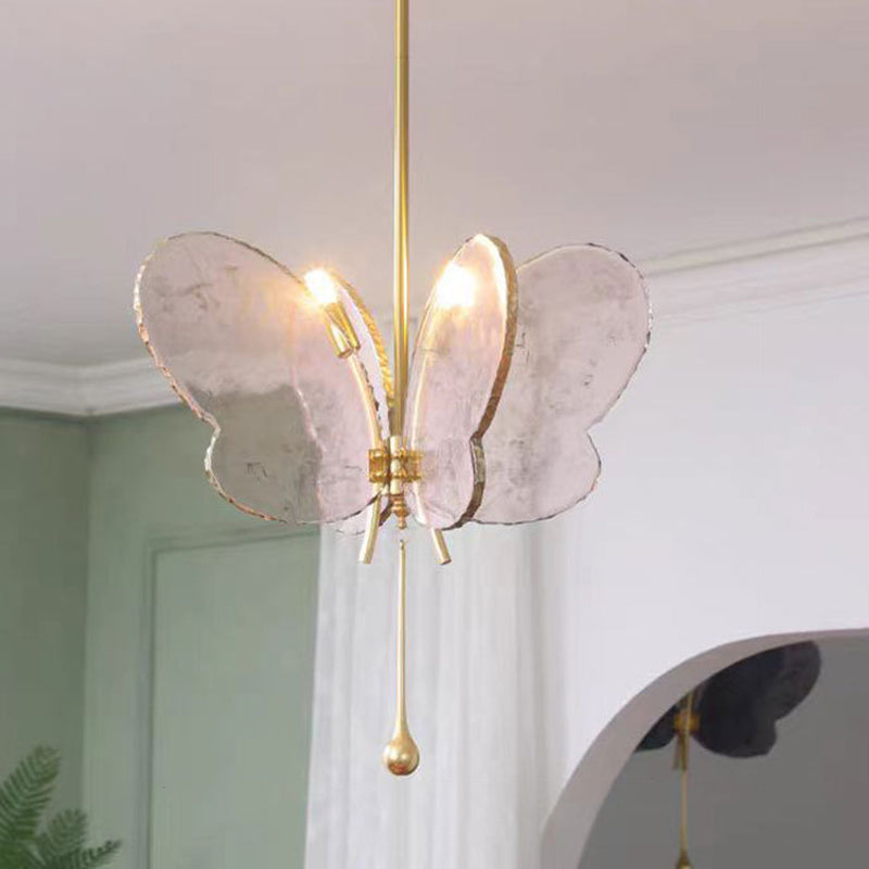 Contemporary Creative Butterfly Resin Hardware Glass 2-Light Chandelier For Living Room