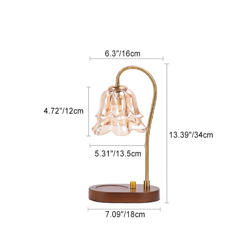 Contemporary Creative Bell Orchid Flower Solid Wood Base Hardware Frame Glass Shade 1-Light Aromatherapy Melting Wax Table Lamp For Bedroom