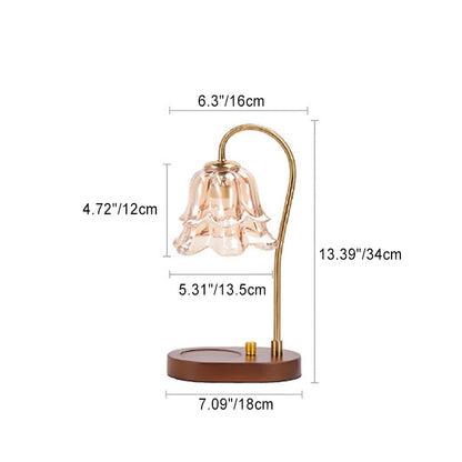 Contemporary Creative Bell Orchid Flower Solid Wood Base Hardware Frame Glass Shade 1-Light Aromatherapy Melting Wax Table Lamp For Bedroom