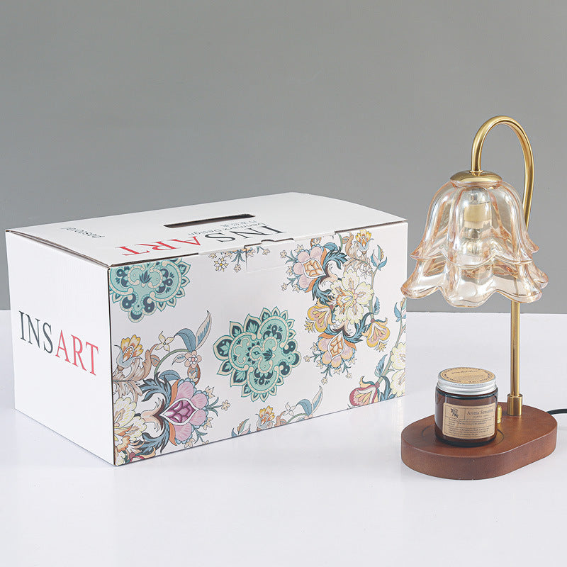 Contemporary Creative Bell Orchid Flower Solid Wood Base Hardware Frame Glass Shade 1-Light Aromatherapy Melting Wax Table Lamp For Bedroom