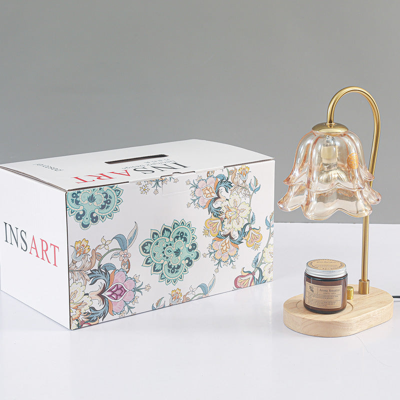 Contemporary Creative Bell Orchid Flower Solid Wood Base Hardware Frame Glass Shade 1-Light Aromatherapy Melting Wax Table Lamp For Bedroom