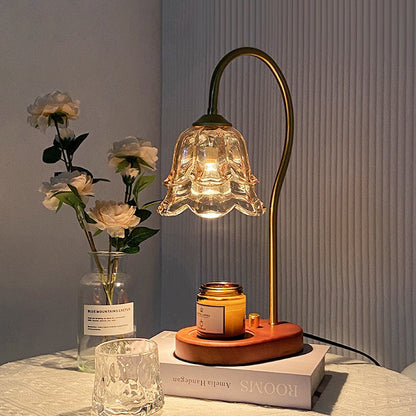 Contemporary Creative Bell Orchid Flower Solid Wood Base Hardware Frame Glass Shade 1-Light Aromatherapy Melting Wax Table Lamp For Bedroom