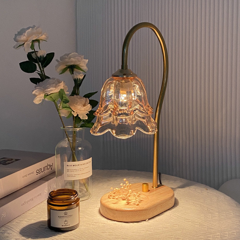Contemporary Creative Bell Orchid Flower Solid Wood Base Hardware Frame Glass Shade 1-Light Aromatherapy Melting Wax Table Lamp For Bedroom