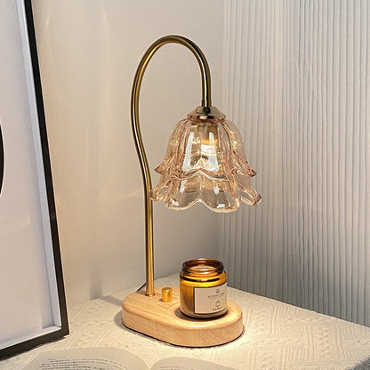 Contemporary Creative Bell Orchid Flower Solid Wood Base Hardware Frame Glass Shade 1-Light Aromatherapy Melting Wax Table Lamp For Bedroom
