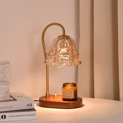 Contemporary Creative Bell Orchid Flower Solid Wood Base Hardware Frame Glass Shade 1-Light Aromatherapy Melting Wax Table Lamp For Bedroom