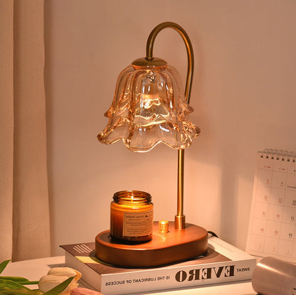 Contemporary Creative Bell Orchid Flower Solid Wood Base Hardware Frame Glass Shade 1-Light Aromatherapy Melting Wax Table Lamp For Bedroom