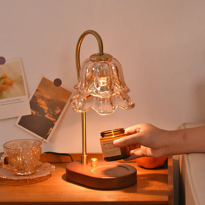 Contemporary Creative Bell Orchid Flower Solid Wood Base Hardware Frame Glass Shade 1-Light Aromatherapy Melting Wax Table Lamp For Bedroom
