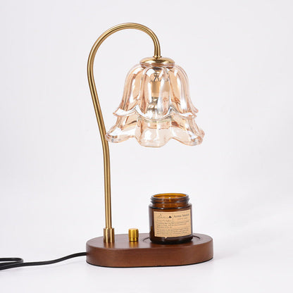 Contemporary Creative Bell Orchid Flower Solid Wood Base Hardware Frame Glass Shade 1-Light Aromatherapy Melting Wax Table Lamp For Bedroom