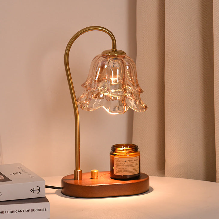 Contemporary Creative Bell Orchid Flower Solid Wood Base Hardware Frame Glass Shade 1-Light Aromatherapy Melting Wax Table Lamp For Bedroom