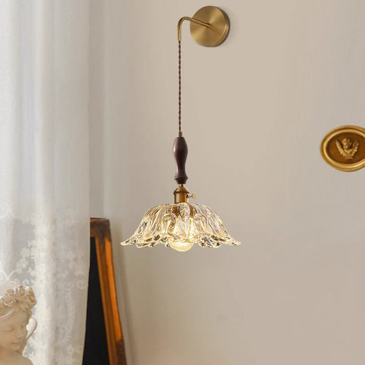 Traditional Japanese Flower Full Brass Glass Shade 1-Light Wall Sconce Lamp For Living Room