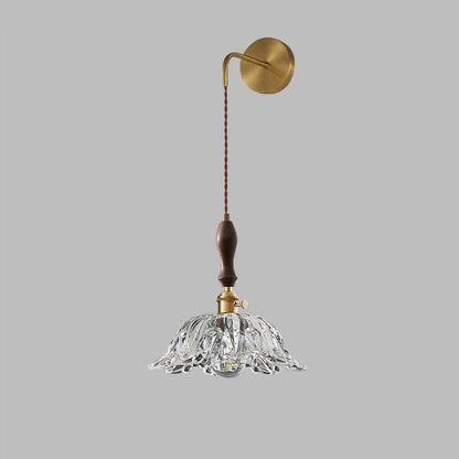 Traditional Japanese Flower Full Brass Glass Shade 1-Light Wall Sconce Lamp For Living Room