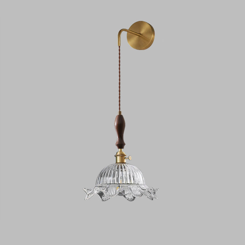 Traditional Japanese Flower Full Brass Glass Shade 1-Light Wall Sconce Lamp For Living Room