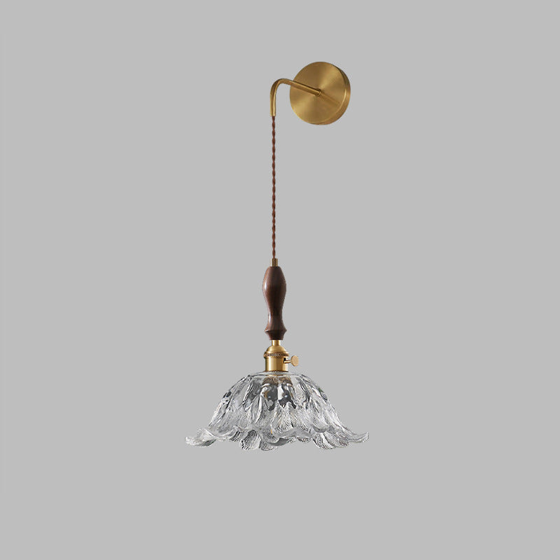 Traditional Japanese Flower Full Brass Glass Shade 1-Light Wall Sconce Lamp For Living Room