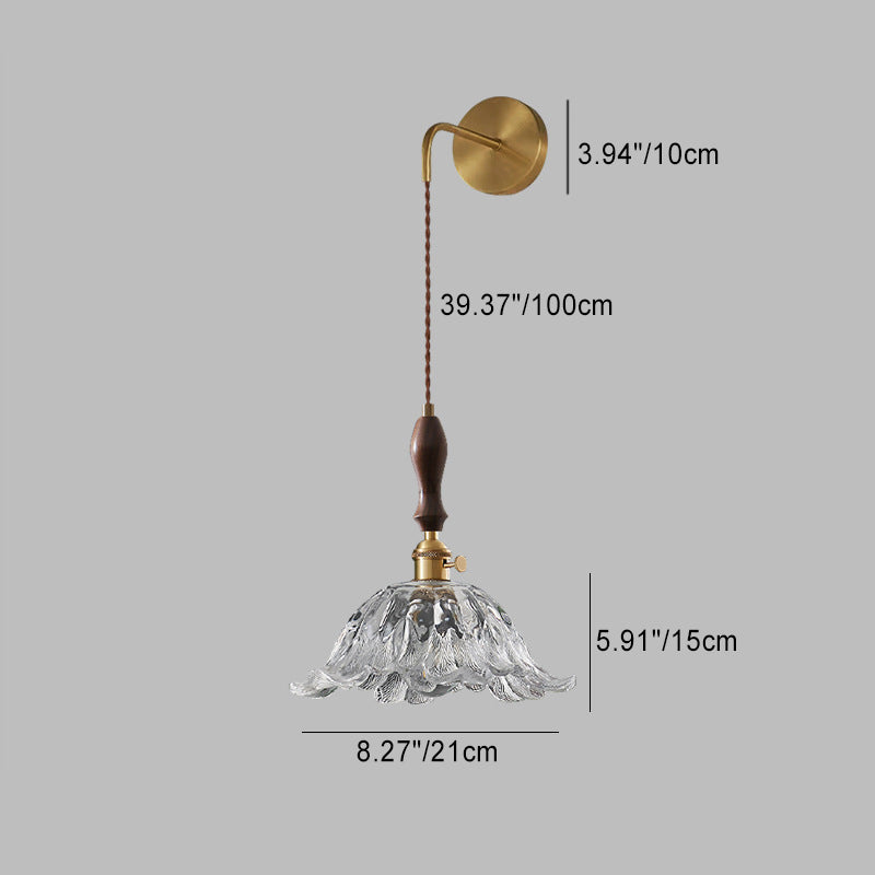 Traditional Japanese Flower Full Brass Glass Shade 1-Light Wall Sconce Lamp For Living Room