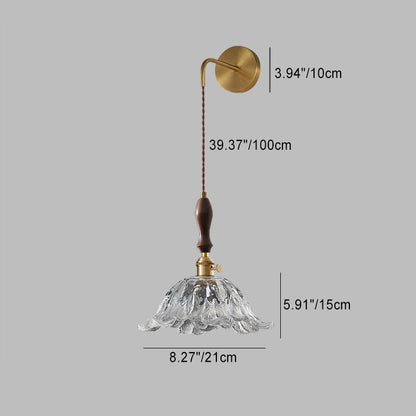 Traditional Japanese Flower Full Brass Glass Shade 1-Light Wall Sconce Lamp For Living Room