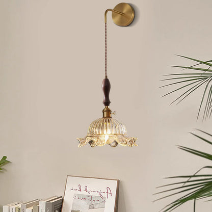 Traditional Japanese Flower Full Brass Glass Shade 1-Light Wall Sconce Lamp For Living Room