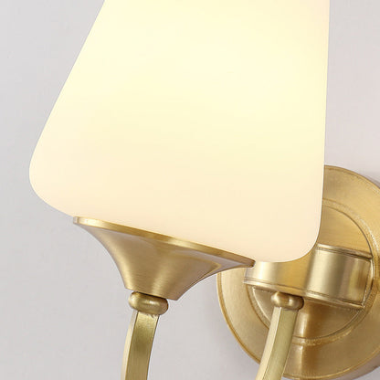 Traditional European Curved Pole Round Cup Shape Full Copper Glass Shade 1/2 Light Wall Sconce Lamp For Living Room