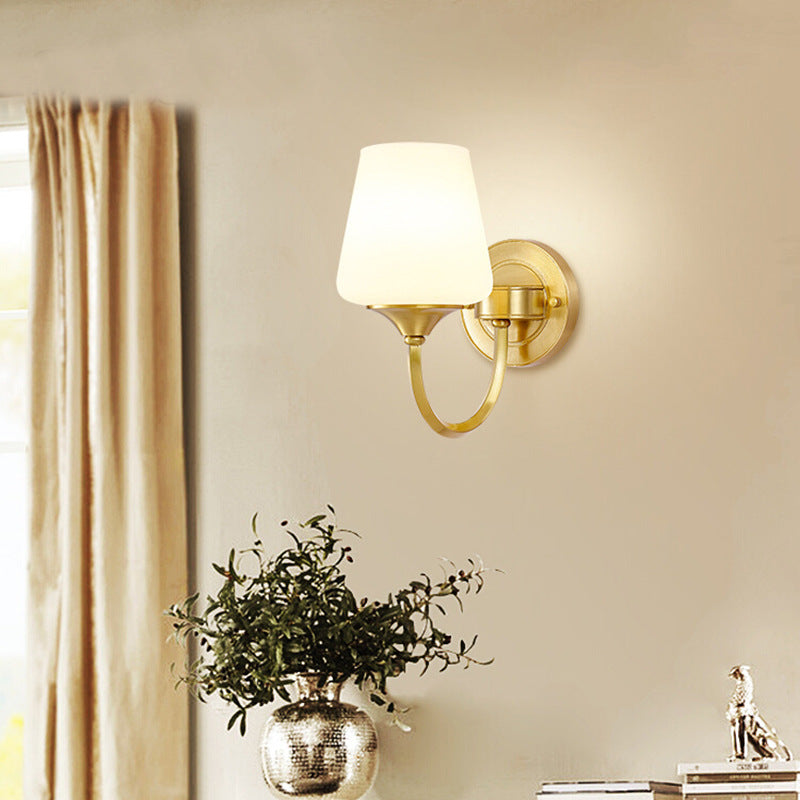 Traditional European Curved Pole Round Cup Shape Full Copper Glass Shade 1/2 Light Wall Sconce Lamp For Living Room