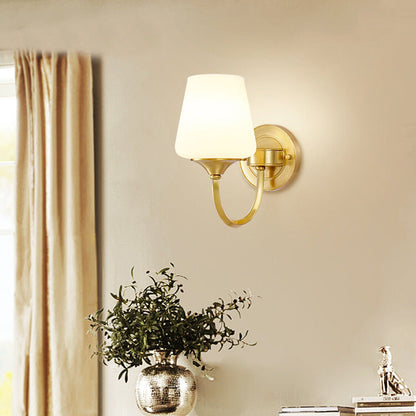 Traditional European Curved Pole Round Cup Shape Full Copper Glass Shade 1/2 Light Wall Sconce Lamp For Living Room