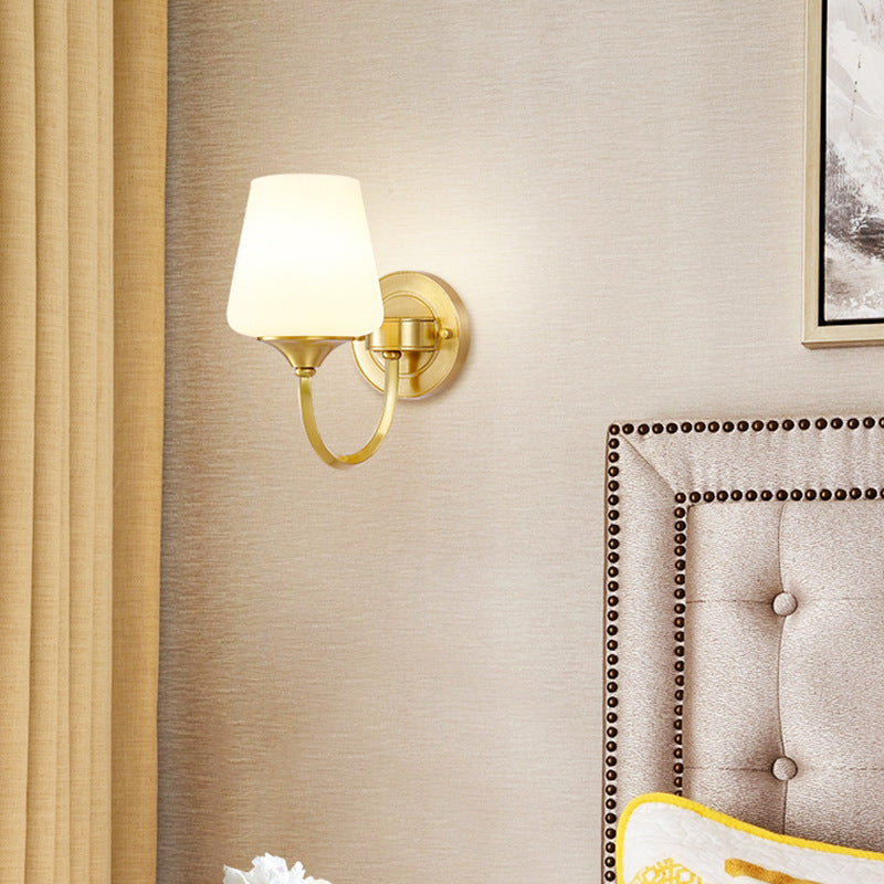 Traditional European Curved Pole Round Cup Shape Full Copper Glass Shade 1/2 Light Wall Sconce Lamp For Living Room
