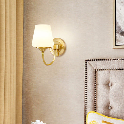 Traditional European Curved Pole Round Cup Shape Full Copper Glass Shade 1/2 Light Wall Sconce Lamp For Living Room