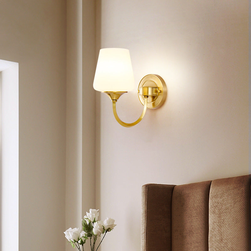 Traditional European Curved Pole Round Cup Shape Full Copper Glass Shade 1/2 Light Wall Sconce Lamp For Living Room