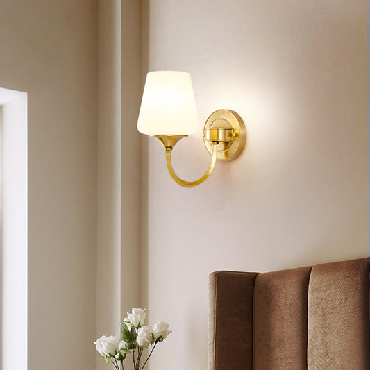 Traditional European Curved Pole Round Cup Shape Full Copper Glass Shade 1/2 Light Wall Sconce Lamp For Living Room