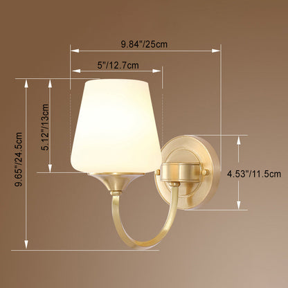 Traditional European Curved Pole Round Cup Shape Full Copper Glass Shade 1/2 Light Wall Sconce Lamp For Living Room