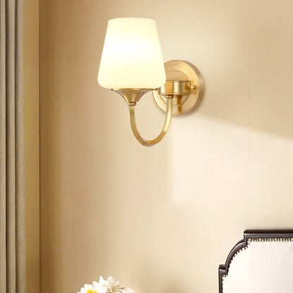 Traditional European Curved Pole Round Cup Shape Full Copper Glass Shade 1/2 Light Wall Sconce Lamp For Living Room