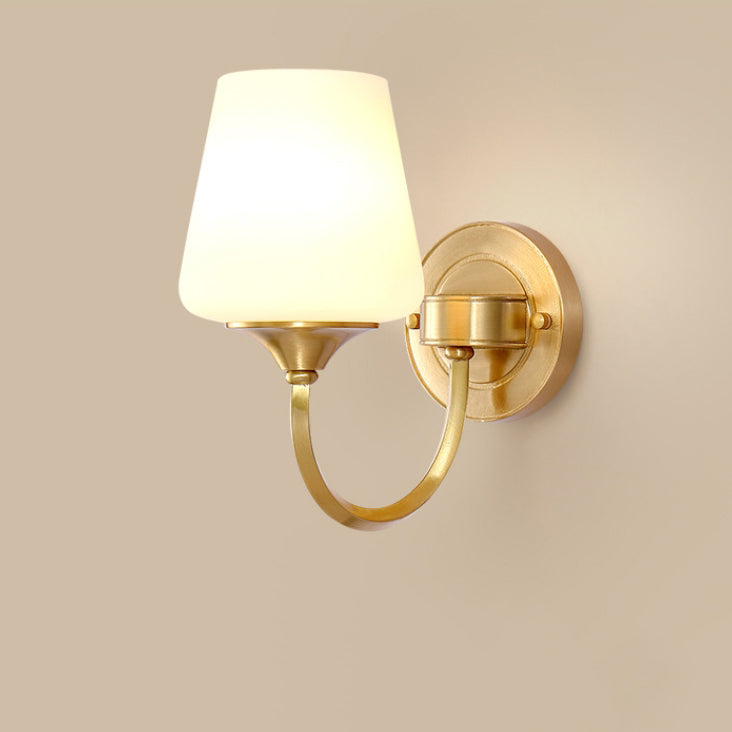 Traditional European Curved Pole Round Cup Shape Full Copper Glass Shade 1/2 Light Wall Sconce Lamp For Living Room