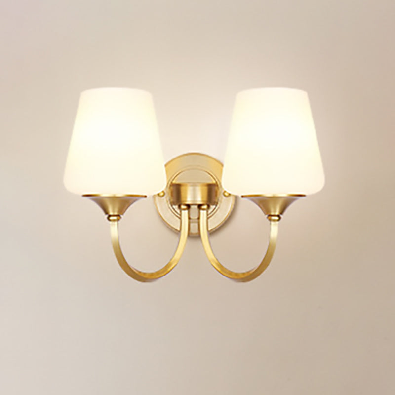 Traditional European Curved Pole Round Cup Shape Full Copper Glass Shade 1/2 Light Wall Sconce Lamp For Living Room